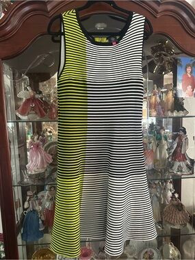 Vince Camuto Black & White Striped Knit Top with Lime Zip Accent
